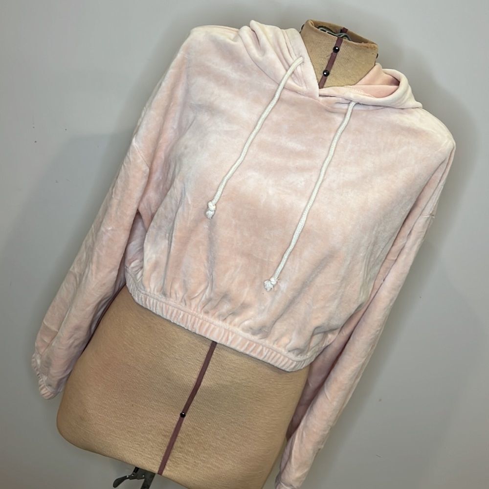 NWT Double Zero Soft Pink Velvet Cropped Hooded Sweatshirt - Size Large - Picture 2 of 10